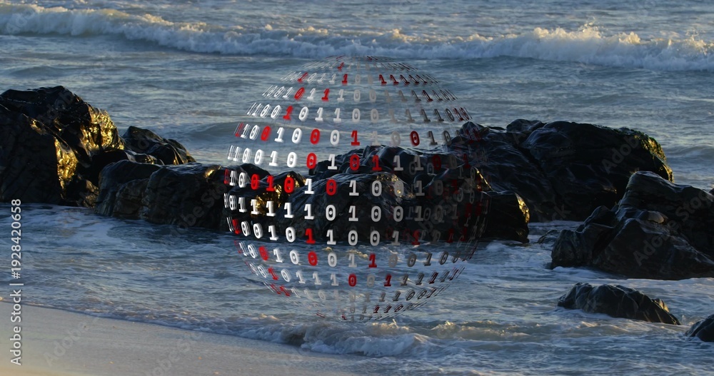 Fototapeta premium Hovering binary sphere showing white and red digits above beach rocks, wet sand and breaking waves