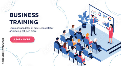 Business training isometric vector set with professional people learning corporate strategy at office seminar and cad drawing flat vector illustration,