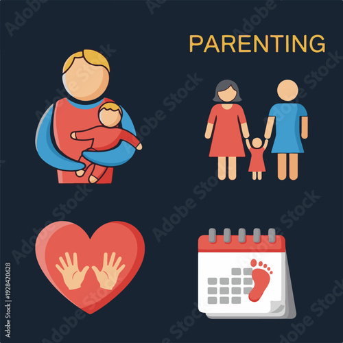 Parenting and Family Care Icon Set: Father Holding Baby, Same-Sex Couple with Child, Heart with Child Hands, and Pregnancy Calendar
