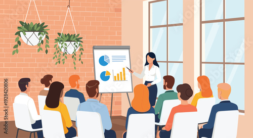 Business woman presenting data charts on flipchart to diverse audience in modern office meeting cad drawing flat vector illustration design,