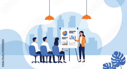 Business woman presenting data charts on flipchart to diverse audience in modern office meeting cad drawing flat vector illustration design,