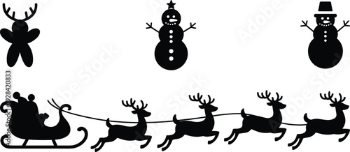 Christmas icon set snowman Santa sleigh reindeer silhouette holiday winter festive seasonal vector illustration decoration collection design