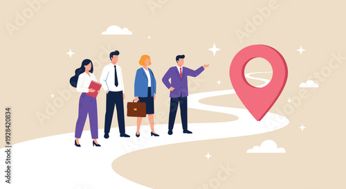 Business team follows winding path toward location pin destination for company goal success cad drawing flat vector illustration design elements,