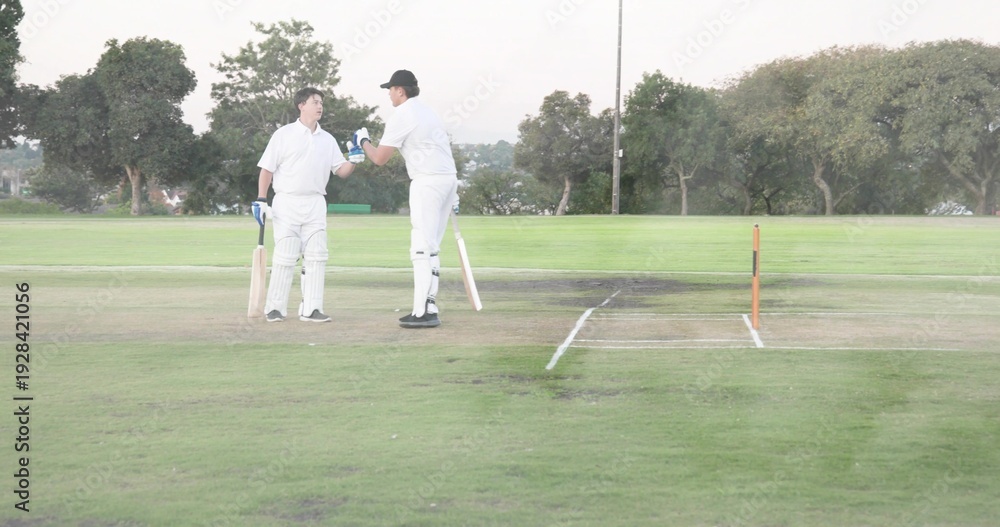 Obraz premium Standing two adult players nodding at cricket pitch, wearing white pads with wooden bats and stumps