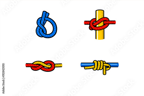 A set of four colorful vector illustrations showing different types of nautical and climbing knots tied with blue, red, and yellow ropes against a solid black background.