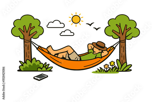 A man wearing a hat relaxes in an orange hammock strung between two trees in a sunny outdoor setting with clouds, birds, and a smartphone lying on the grass below him.