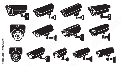 Set cctv camera icons. collection security camera solid sign. video surveillance symbol