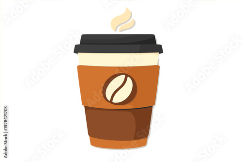A stylized paper-cut illustration of a hot coffee cup with a black lid and a coffee bean icon on the sleeve. Wisps of steam rise from the top against a solid black background.