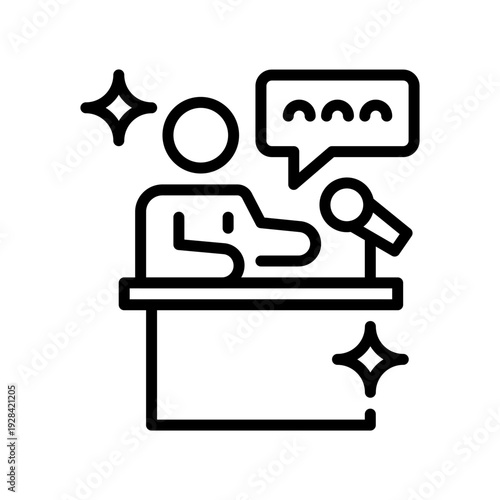 Public Speaking Line Icon, Outline Symbol for Keynote Presentation, Workshop Leadership, Oratory Skill, Seminar Discussion, and Stage Lecture. Vector Sign Icon.