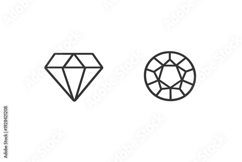 Two minimalist line art icons of gemstones are displayed side by side on a dark background. One icon shows a side profile of a diamond, while the other depicts a top view.