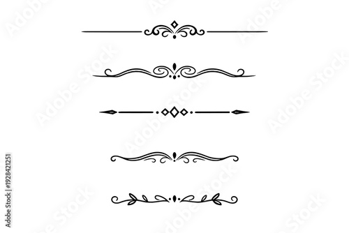 A collection of five elegant white decorative dividers and borders featuring floral swirls, geometric diamond shapes, and minimalist line art on a solid black background.