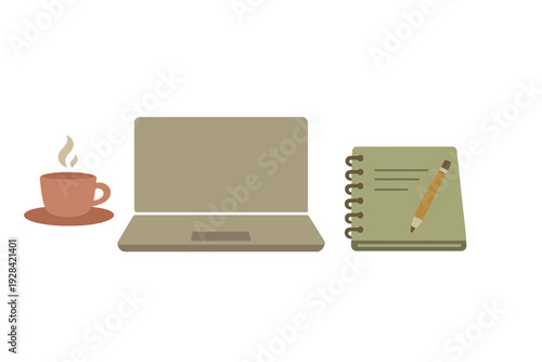 A minimalist flat illustration of a workspace featuring a steaming cup of coffee, an open laptop, and a spiral notebook with a pencil, all set against a solid black background.