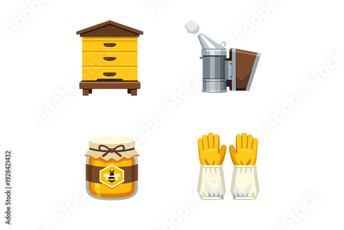 A collection of four beekeeping icons including a yellow wooden beehive, a metal bee smoker with smoke, a jar of honey with a label, and a pair of protective yellow gloves.