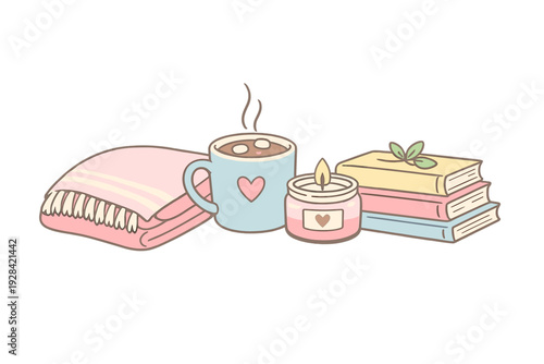 A cute pastel illustration featuring a folded pink blanket, a blue mug of hot chocolate with marshmallows, a lit pink candle, and a stack of three books on a black background.