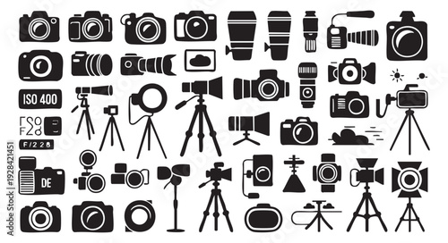 Photography and camera equipment flat icons vector set black silhouette photo gear isolated
