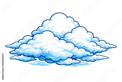 This cartoon illustration features a cluster of fluffy white and light blue clouds with dark blue outlines. The stylized design is isolated on a solid black background for contrast.