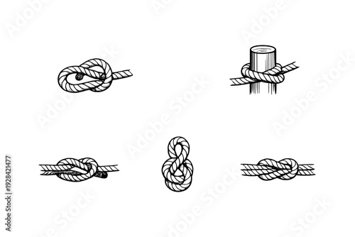 This monochrome graphic displays five distinct rope knots and hitches used in sailing and climbing, rendered in a detailed vintage engraving style against a black backdrop.