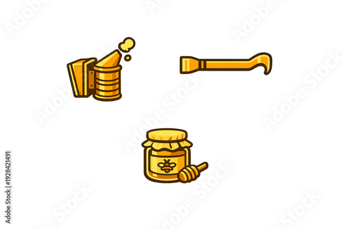 A collection of golden beekeeping icons featuring a bee smoker, a hive tool, and a jar of honey with a dipper, all presented in a stylized vector format on a black background.