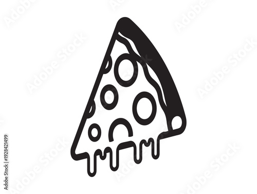 A black and white illustration of a slice of melted cheese pizza