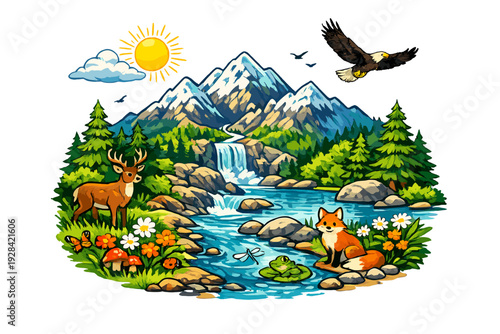 A vibrant illustration of a mountain landscape featuring a waterfall, river, and various animals like a deer, fox, and eagle under a bright sun in a lush forest setting.