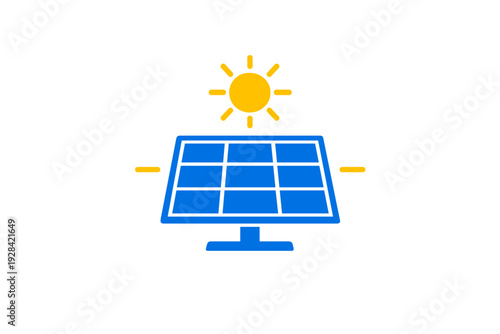 This graphic features a blue solar panel with a yellow sun icon above it on a black background, illustrating the concept of clean renewable energy and sustainable power technology.