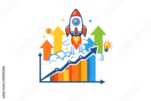 A colorful cartoon illustration featuring a rocket launching above a rising bar chart and upward arrows, symbolizing business growth, financial success, and innovative ideas.