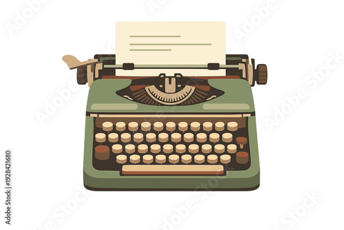 A flat vector illustration of a vintage green typewriter with a sheet of paper in the carriage. The machine features round beige keys and a classic mechanical design on a black background.