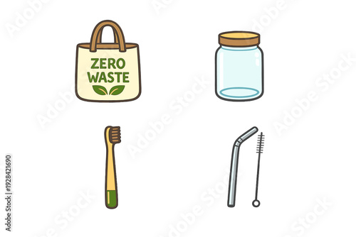 A collection of four zero waste lifestyle icons including a reusable tote bag, a glass jar, a bamboo toothbrush, and a metal straw with a cleaning brush on a white background.