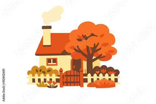 A flat vector illustration of a cozy cottage with an orange roof and a smoking chimney, featuring a large autumn tree and a white picket fence against a black background.