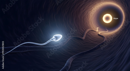 Glowing sperm cell moving through a dark biological tunnel towards a bright ovum for a fertility hope concept and the beginning of new life