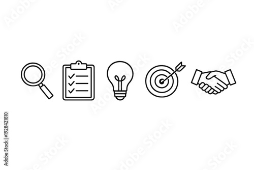 A set of five white line icons on a black background representing business steps including research, planning, idea generation, goal setting, and professional partnership.