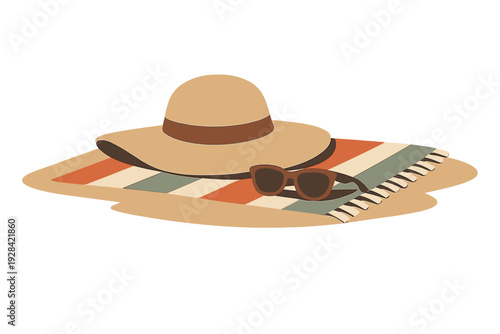 This flat illustration features essential summer items including a wide-brimmed sun hat, dark sunglasses, and a colorful striped beach towel resting on a patch of sand against a black background.