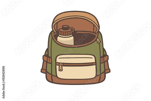 This flat illustration depicts a green hiking backpack with its top flap open, revealing a water bottle. The bag has a beige front pocket and brown accents on a black background.