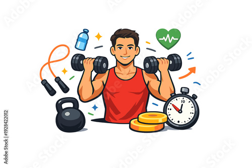 A cartoon illustration of a smiling man in a red tank top lifting dumbbells. He is surrounded by fitness equipment like a kettlebell, rope, stopwatch, plates, and a water bottle on a black backdrop.