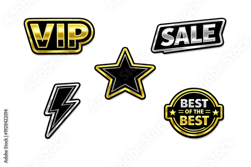A collection of metallic graphic elements including a gold VIP badge, a silver sale tag, a star, a lightning bolt, and a circular best of the best emblem on a black background.