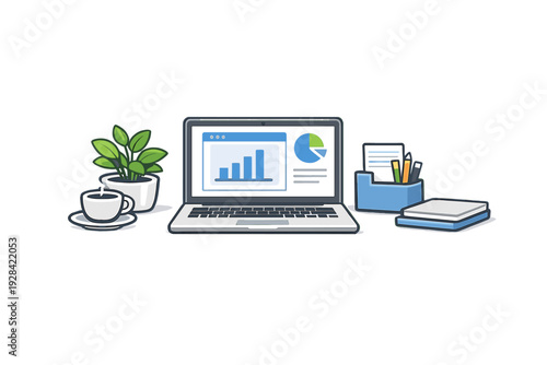 This flat vector illustration depicts a tidy office desk with a laptop displaying business analytics, a green plant, a coffee cup, and various stationery items.