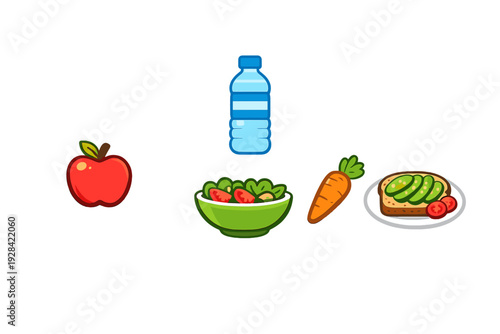 A collection of healthy food icons including a red apple, a blue water bottle, a green salad bowl, a carrot, and avocado toast on a plate, all set against a solid black background.
