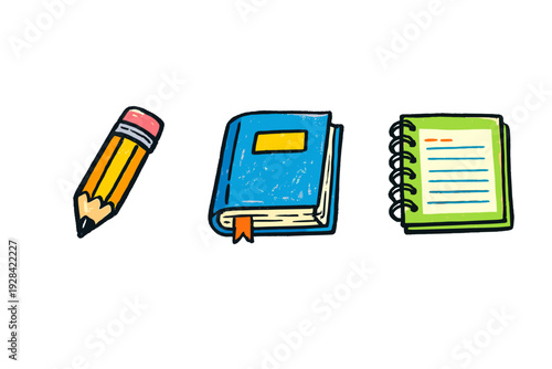 A hand-drawn illustration featuring a yellow pencil, a blue hardcover book with a bookmark, and a green spiral notebook, all isolated on a solid black background.