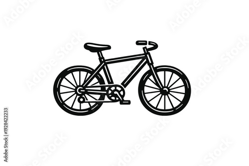 A black and white line art illustration of a classic bicycle featuring a simple frame, two spoked wheels, handlebars, a seat, and pedals, isolated on a plain white background.