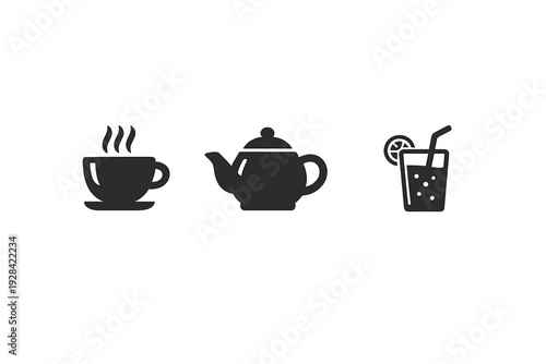 A collection of three black minimalist icons representing hot and cold beverages, featuring a steaming coffee cup, a classic teapot, and a refreshing glass with a straw and lemon.