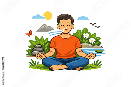 A cartoon illustration of a man sitting in a cross-legged meditation pose outdoors. He is breathing deeply with his eyes closed, surrounded by green plants, a pond, and mountains.