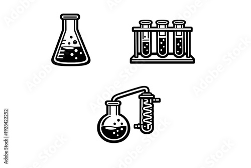 A collection of white line art icons depicting laboratory glassware including an Erlenmeyer flask, test tubes in a rack, and a distillation setup on a solid black background.