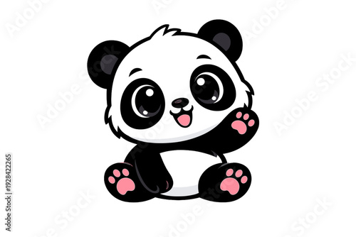 A cute cartoon panda illustration sitting on a black background. The panda has pink paw pads and is waving one hand while sticking its tongue out in a friendly gesture.