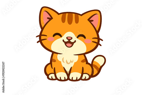 A cute cartoon orange tabby cat with a happy expression and closed eyes sits against a black background. This kawaii vector illustration features a smiling kitten with pink cheeks.