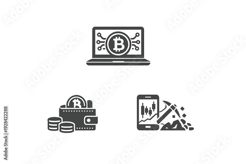 Three white icons on a black background depicting digital currency themes like bitcoin mining, electronic wallet storage, and online trading through a laptop and smartphone.