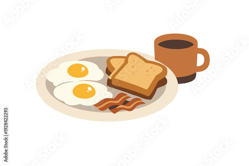 A flat illustration of a classic breakfast plate featuring two sunny-side-up eggs, two slices of golden toast, and crispy bacon strips next to a brown mug filled with black coffee.