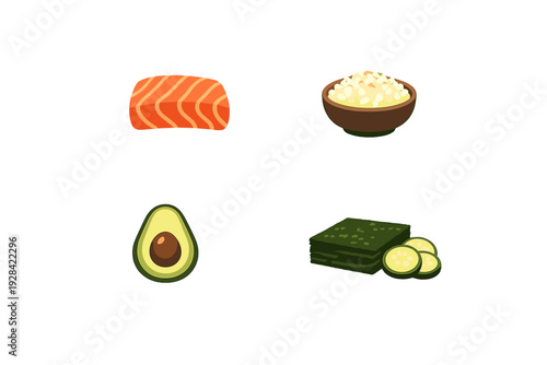 A collection of four flat illustrations featuring fresh sushi ingredients including raw salmon, a bowl of white rice, a halved avocado, and nori sheets with cucumber slices.
