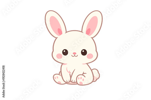 A cute white cartoon rabbit sits facing forward against a solid black background. The illustration features pink inner ears, rosy cheeks, and large dark eyes in a kawaii style.