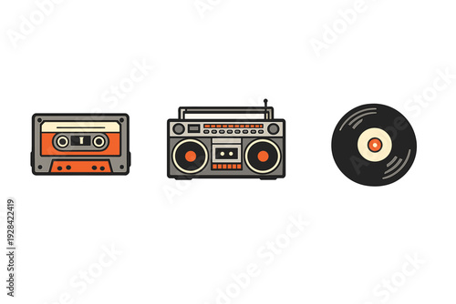 This graphic features three vintage music icons including a cassette tape, a boombox, and a vinyl record. The minimalist flat design uses a retro color scheme on a black background.