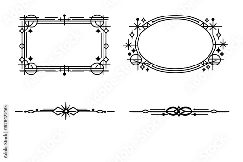 Set of four black vector design elements featuring rectangular and oval frames along with horizontal dividers, all showcasing geometric and celestial line art on a white background.